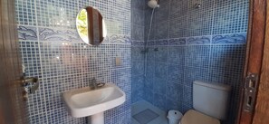 A bathroom with a sink, toilet, and shower.