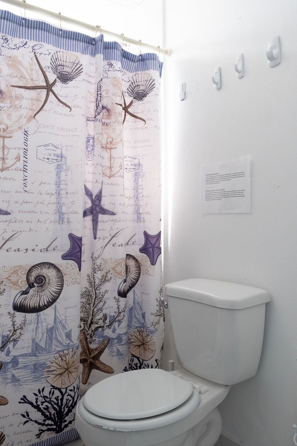 A bathroom with a nautical-themed shower curtain, a white toilet, and a wall-mounted paper.