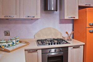 Een koelkast, een oven, een kookplaat, een koffiezetapparaat/waterkoker