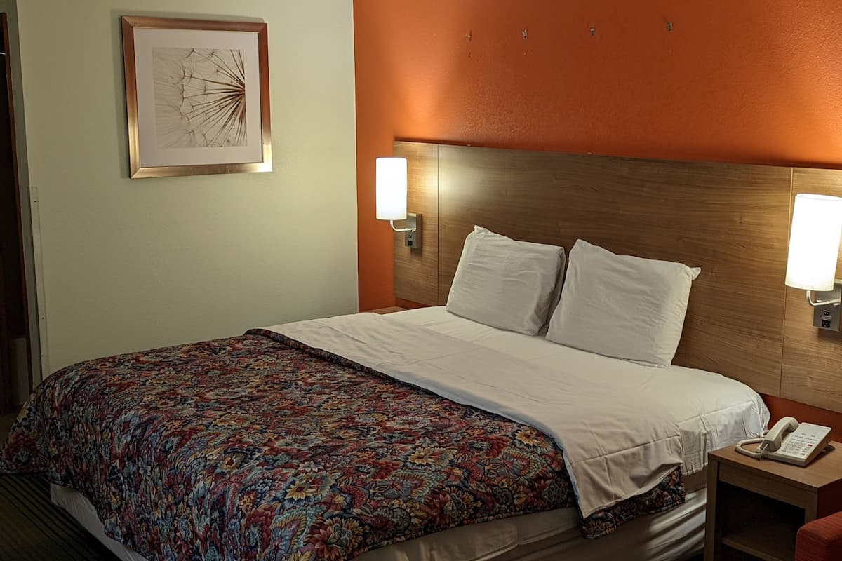 Habitación de hotel con una cama grande, dos lámparas de noche, un teléfono y una colcha de diseño floral.