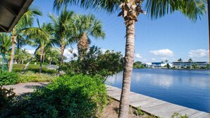 A waterfront view with palm trees and a wooden walkway. - Waterfront condo with easy water access to world class fishing and sightseeing.  (Bokeelia)