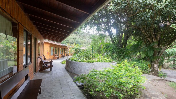 A covered outdoor area with wooden benches and a stone pathway. - Elida Lodge Monteverde (Monteverde)