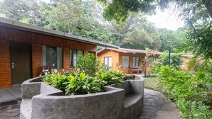 A wooden building with a stone pathway and a concrete planter with greenery. - Elida Lodge Monteverde (Monteverde)