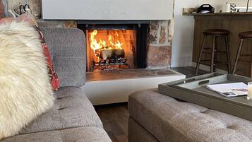 TV connectée, cheminée, lecteur de DVD, livres