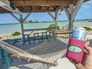 On the beach, sun-loungers, beach towels