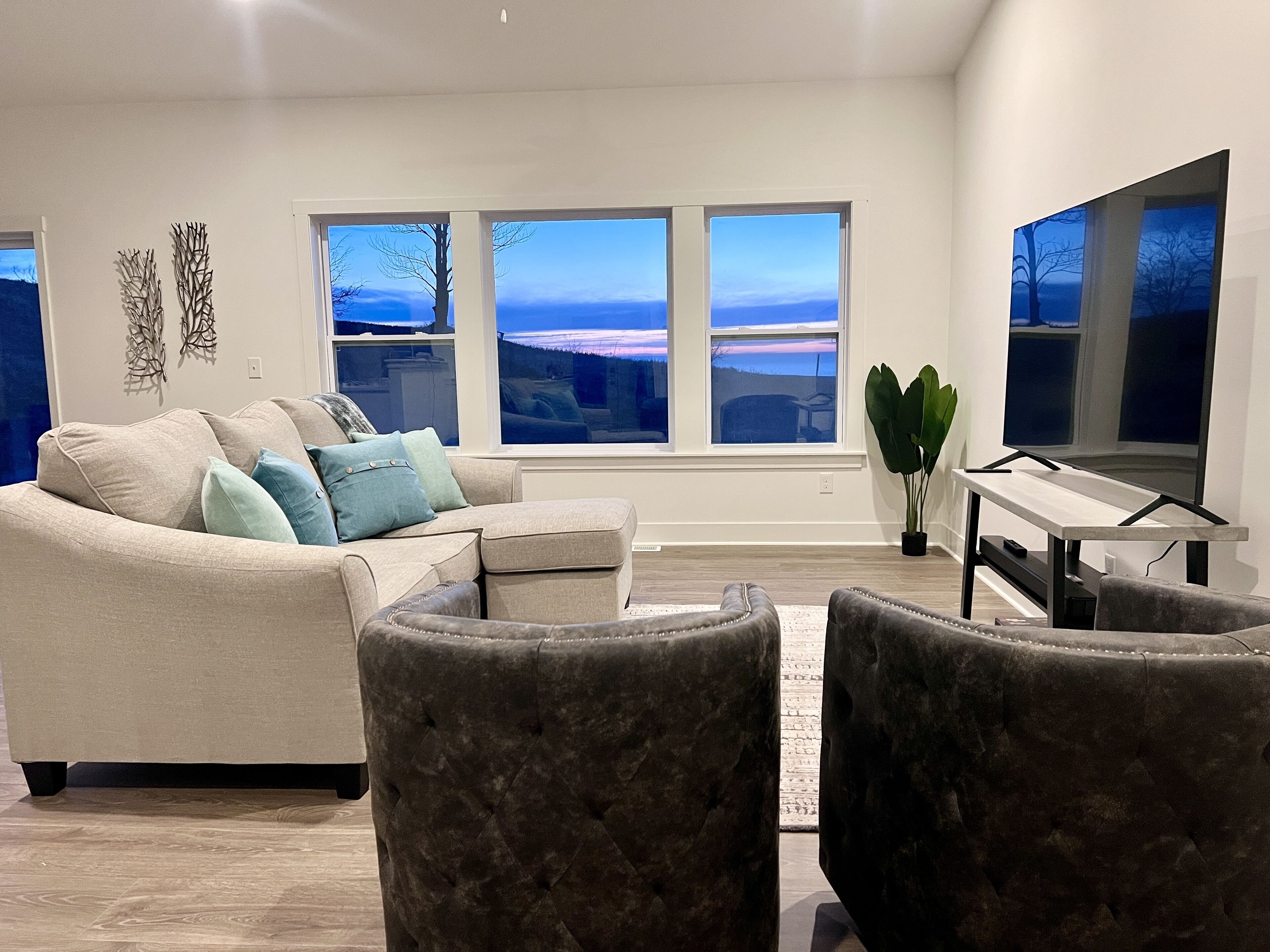 TV connectée, cheminée, livres, chaîne hi-fi