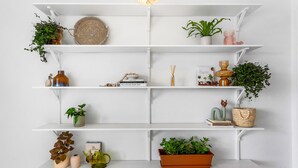 A white shelving unit with various decorative items and plants. - Grey Lynn Villa - Short Walk to Ponsonby Central (Auckland)