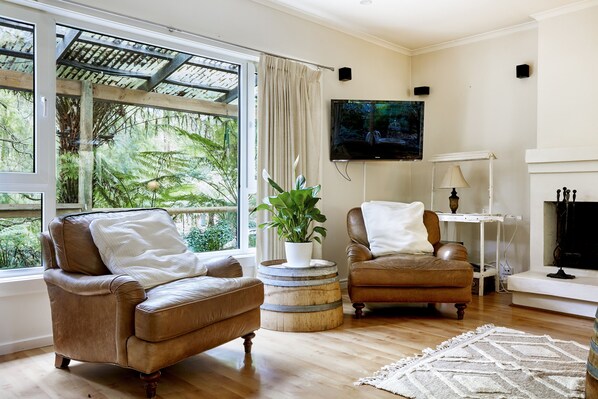 Fernseher, Kamin, Stereoanlage