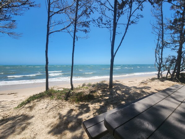 On the beach, sun loungers