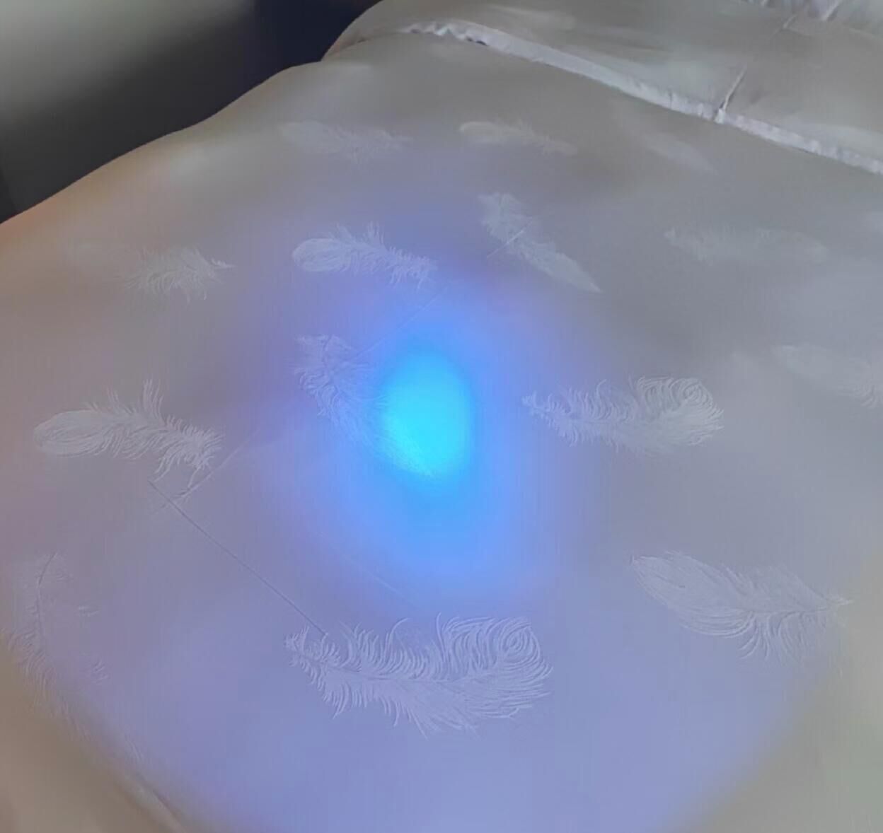 Una cama con una luz azul central y diseños de plumas.