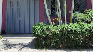 Un edificio de dos pisos con fachada morada, una reja gris y un pequeño jardín con palmeras y arbustos.