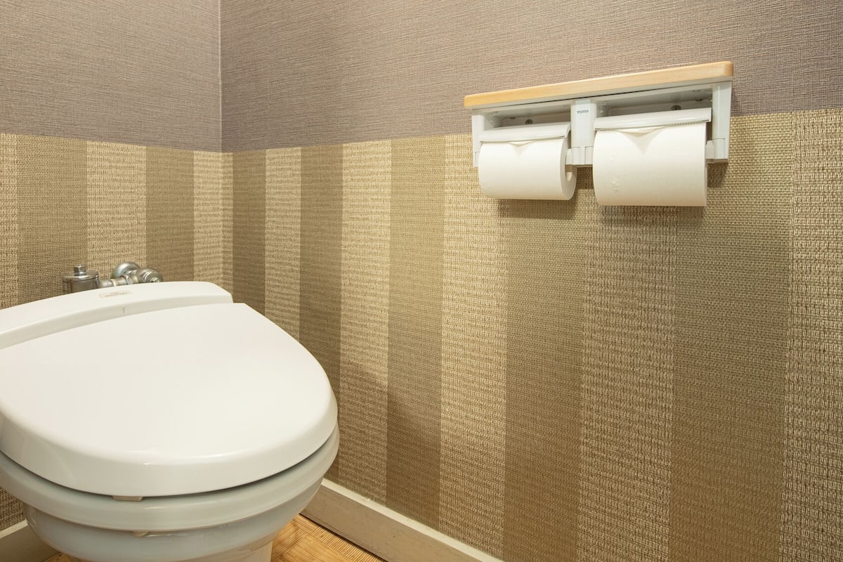 Ensemble baignoire-douche, articles de toilette (gratuits)