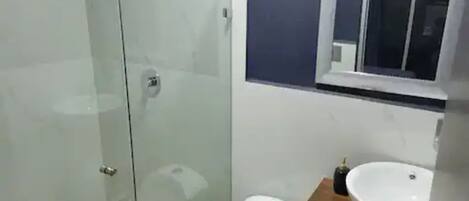 Hair dryer, towels, soap, shampoo