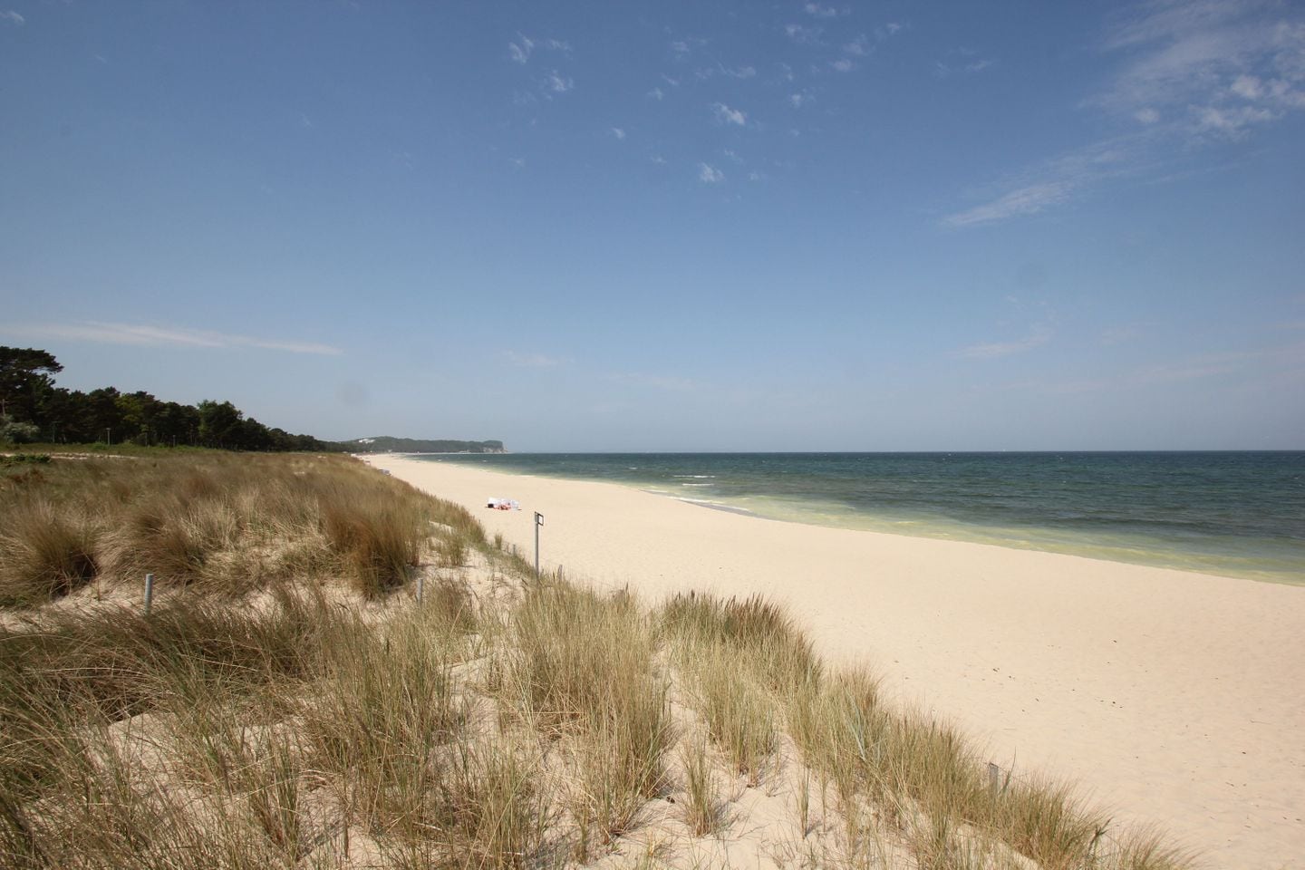 A beach with sand, grass, and a clear sky.