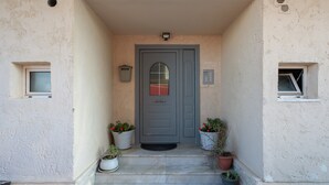 A building entrance with a grey door, potted plants, and a small window on the left.