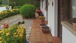 A house with a tiled porch, potted plants, and a view of a green landscape.