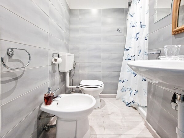 A bathroom with a toilet, bidet, sink, and a shower curtain with a floral pattern.
