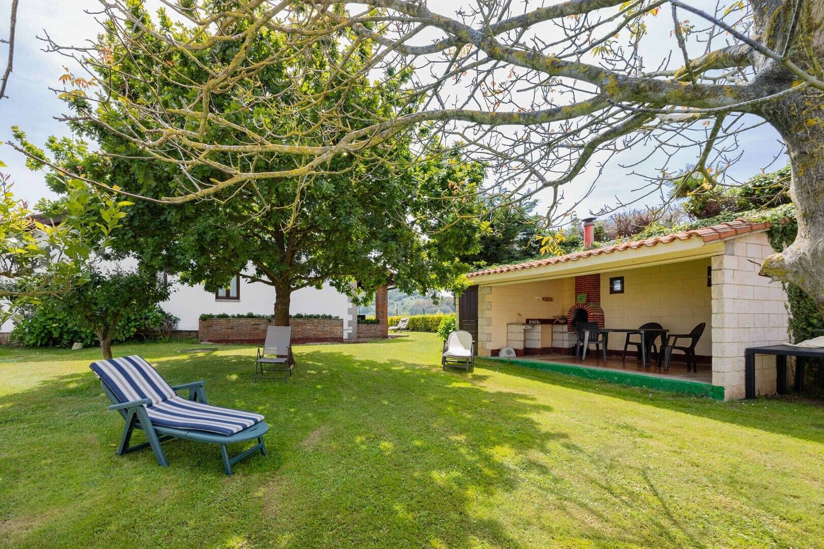 Een terras met een bakoven, buitentafels en een grote boom die schaduw geeft.