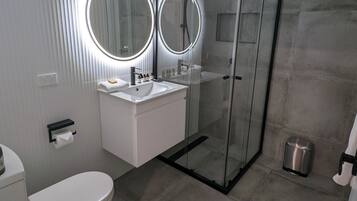 A modern bathroom with a glass shower enclosure, a white sink, and two illuminated mirrors.