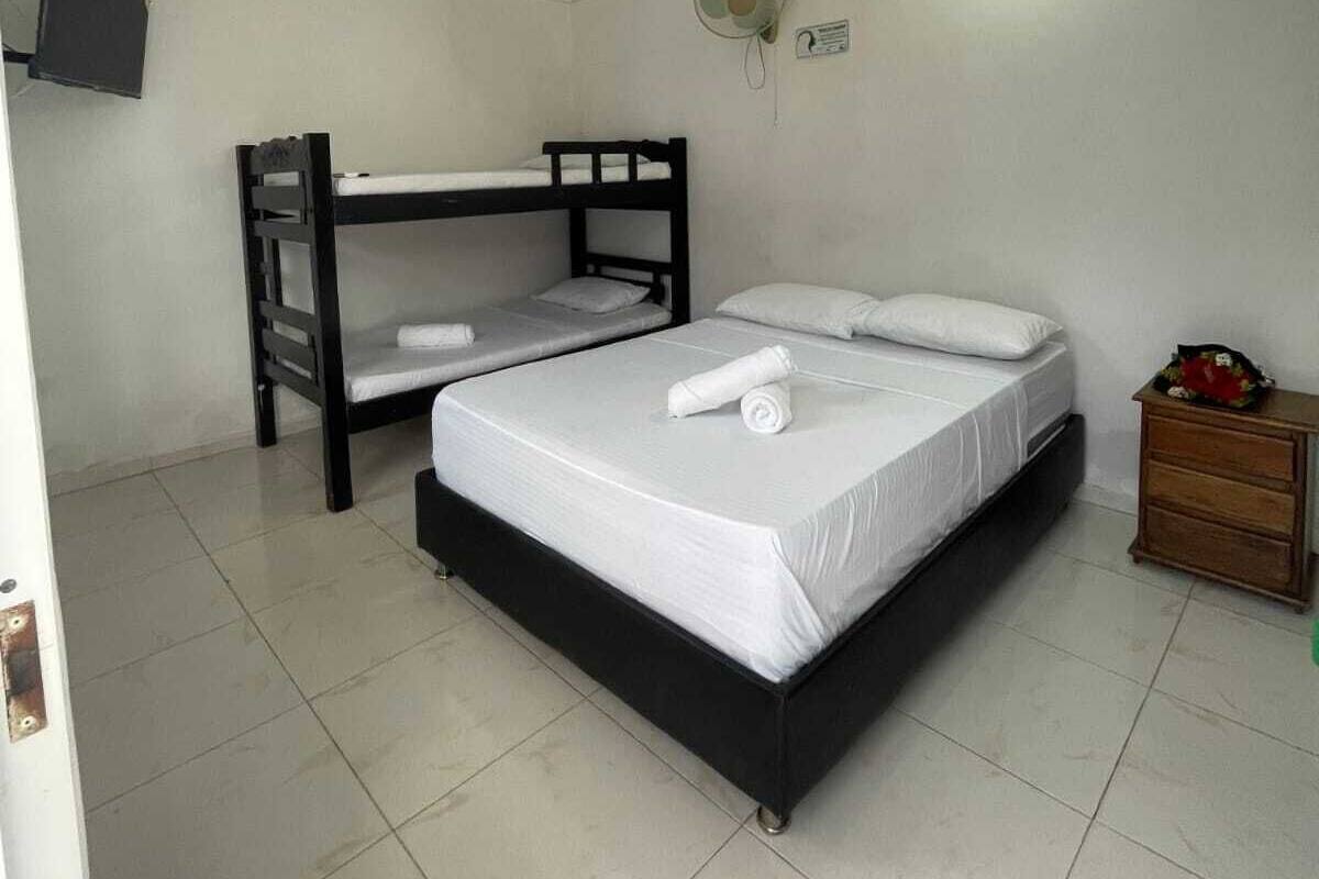 A room with a bunk bed, a single bed, a fan, a TV, and a wooden nightstand.
