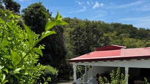Un espace extérieur abrité, avec un chemin en béton menant à un bâtiment doté d’un toit rouge.