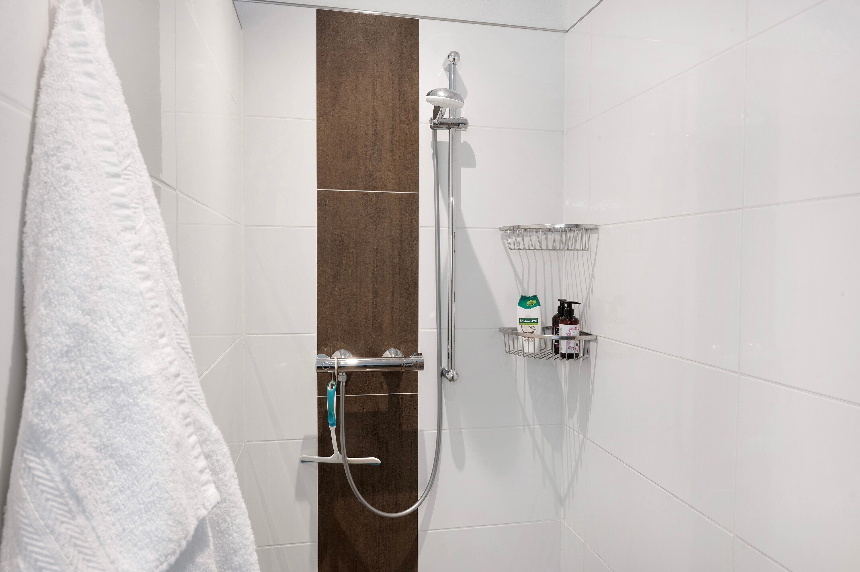 Une douche équipée d’un pommeau de douche à main, d’une paroi de douche en verre fixée au mur et d’un porte-serviettes avec une serviette blanche.