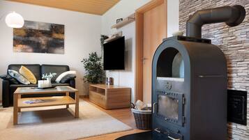 A modern living room with a stone wall, a sofa, a coffee table, a TV, and a wood-burning stove.