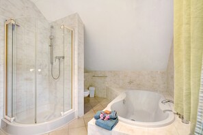 Shower, free toiletries, hair dryer, towels