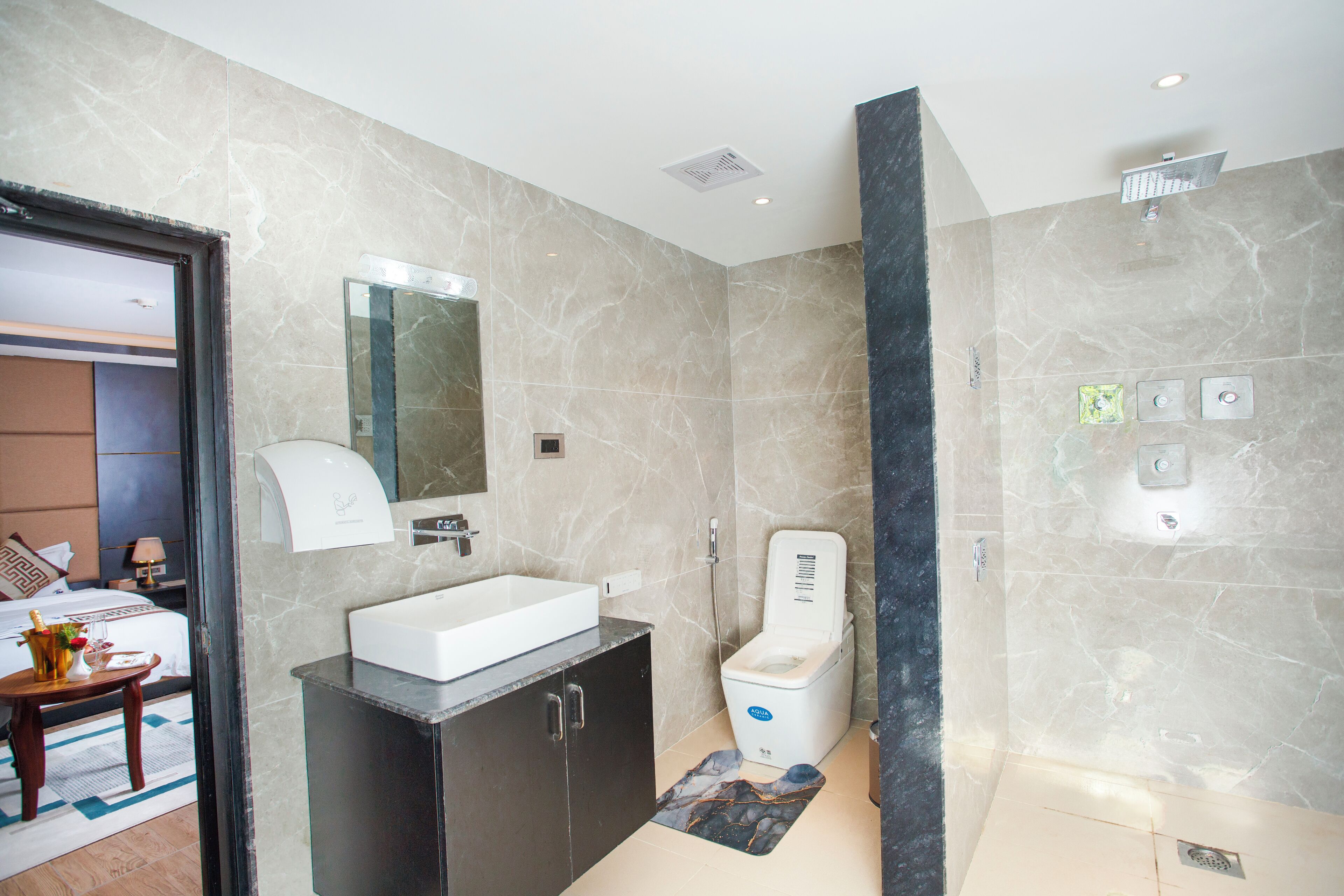 Shower, rainfall showerhead, hair dryer, slippers