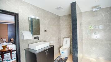 Dusche, Regendusche, Haartrockner, Hausschuhe