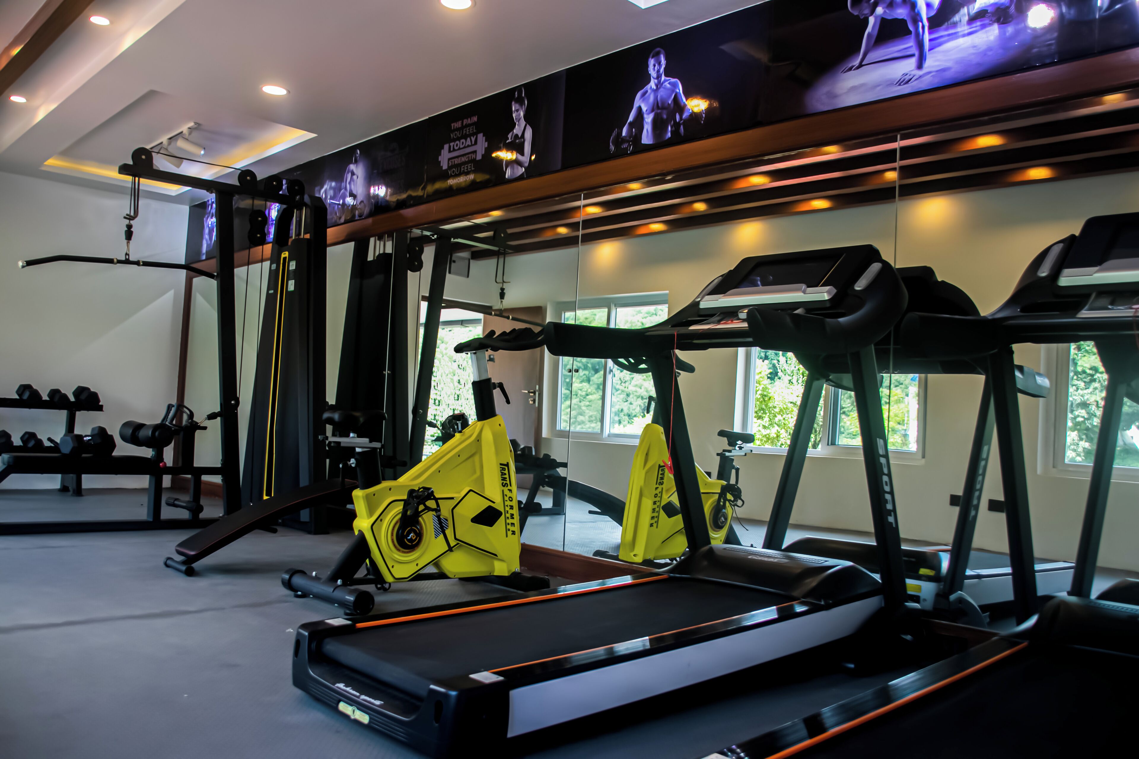 Ett gym med löpband, styrketräningsmaskiner och hantlar.