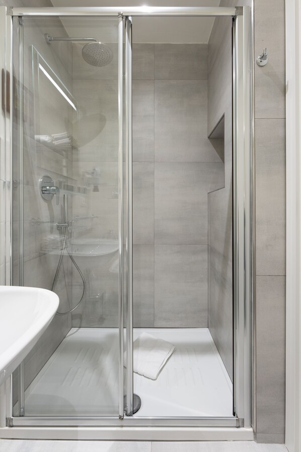 Hair dryer, bidet, towels, soap