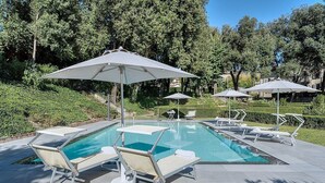 A rectangular swimming pool with lounge chairs and umbrellas, surrounded by greenery and trees.