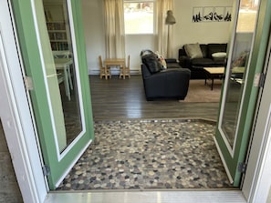 Smart TV, fireplace, books