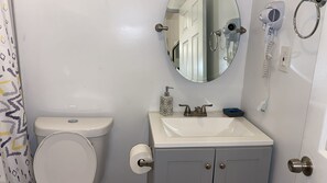 A bathroom with a toilet, sink, mirror, and hairdryer.