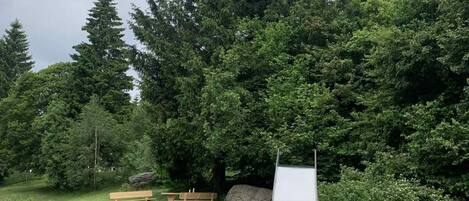 A campsite with a tent, picnic tables, and a large tree in the background.