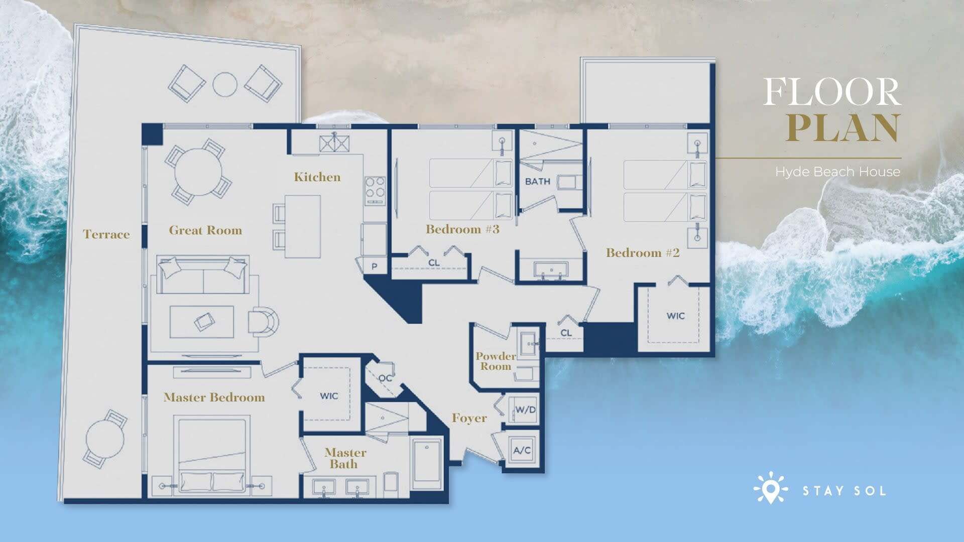 A floor plan of Hyde Beach House with a terrace, kitchen, Great Room, Master Bedroom, Master Bath, Powder Room, Bedroom #3, Bedroom #2, and a Foyer.