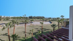 Vista de un campo de golf con palmeras y un elemento acuático.