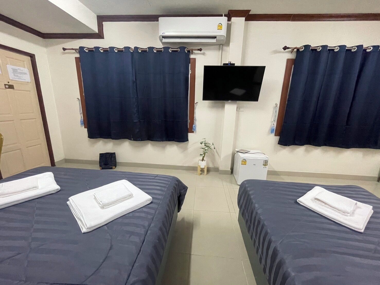 A hotel room with two beds, a flat-screen TV, an air conditioner, and a small table with a plant.