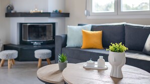 A modern living room with a fireplace, a sofa with cushions, a coffee table, and a potted plant. - Newly Built Home with Garden, 400m. to Beach (Kokkini Hani)