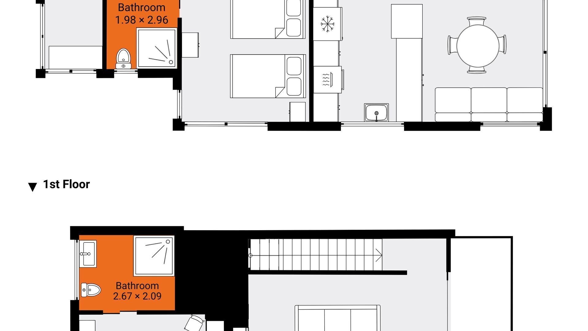 A 1st floor floor plan with two bathrooms, one measuring 1.98 x 2.96 and another 2.67 x 2.09, and a dining area.