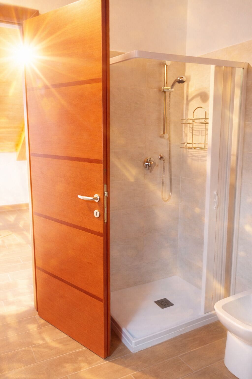 Een moderne badkamer met een inloopdouche, toilet en een houten deur.