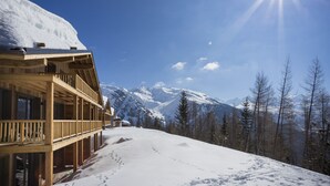 A wooden chalet with a balcony overlooking a snowy mountain landscape. - TERRESENS - Le Hameau de Barthélémy (Montvalezan)