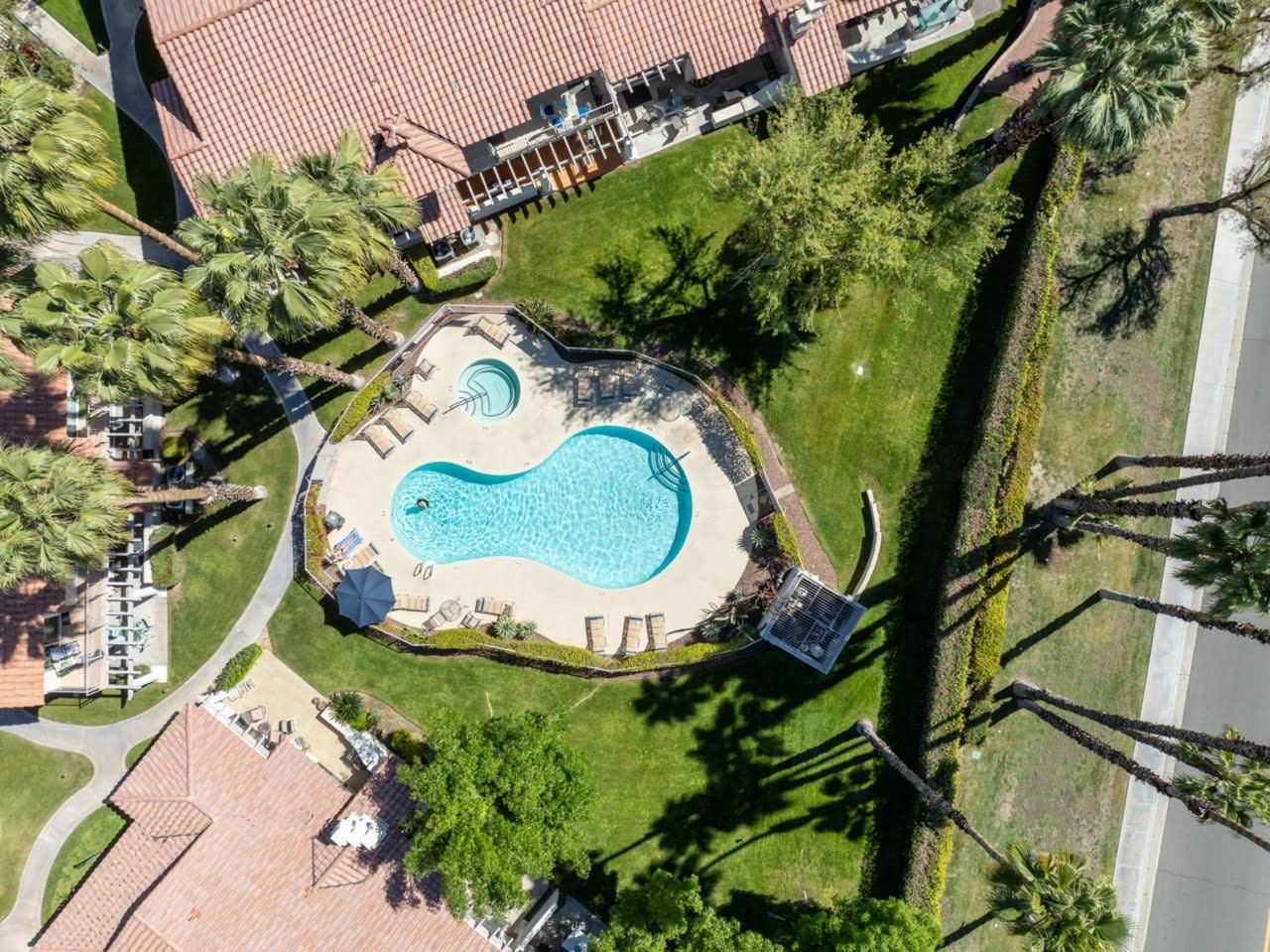 Vista aérea de uma propriedade com piscina, palmeiras e telhado de telhas vermelhas.