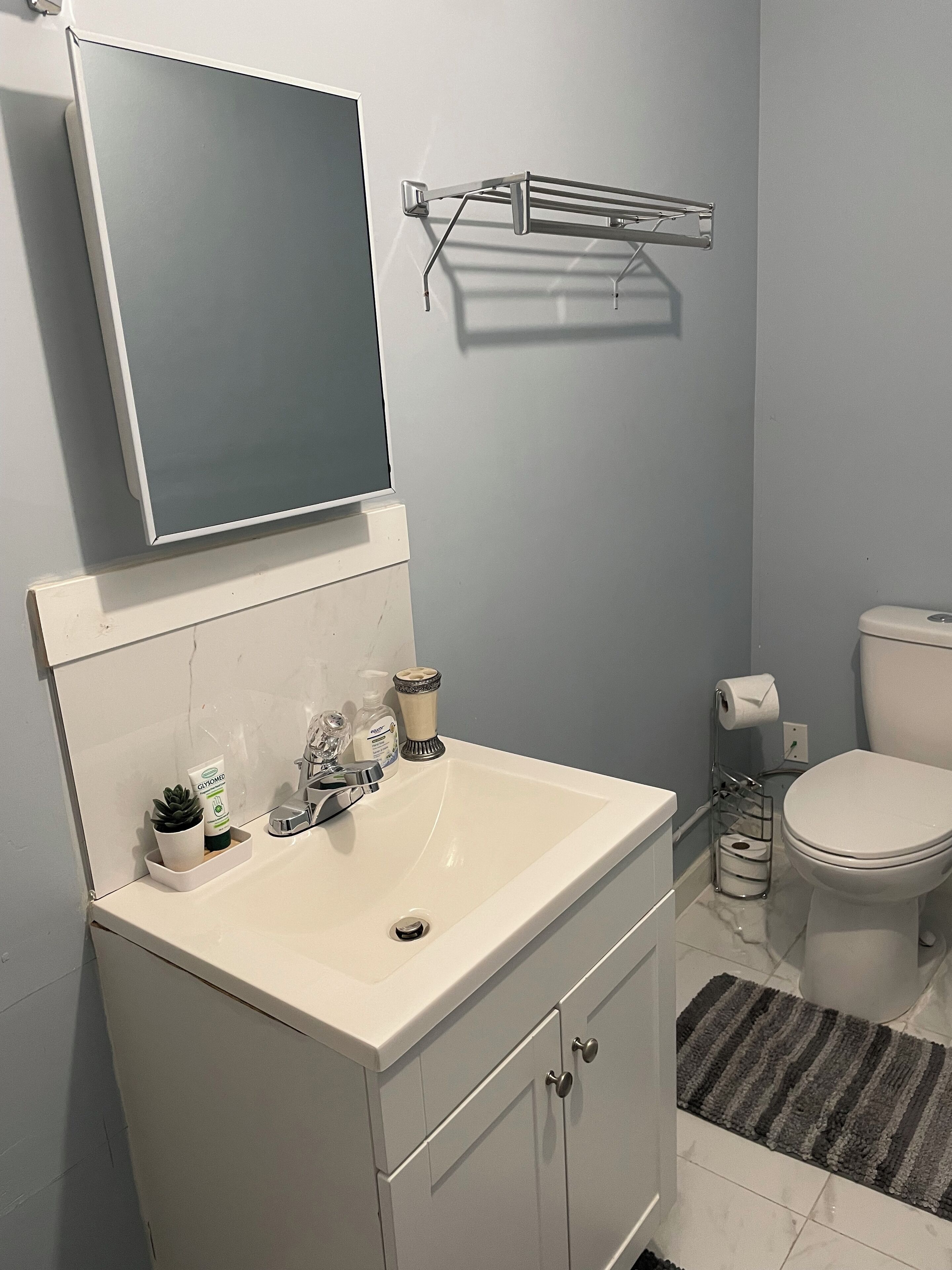 Hårtork, handdukar, tvål och schampo