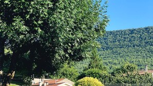 Un parque infantil con toboganes y estructuras para escalar, rodeado de árboles y un paisaje montañoso.