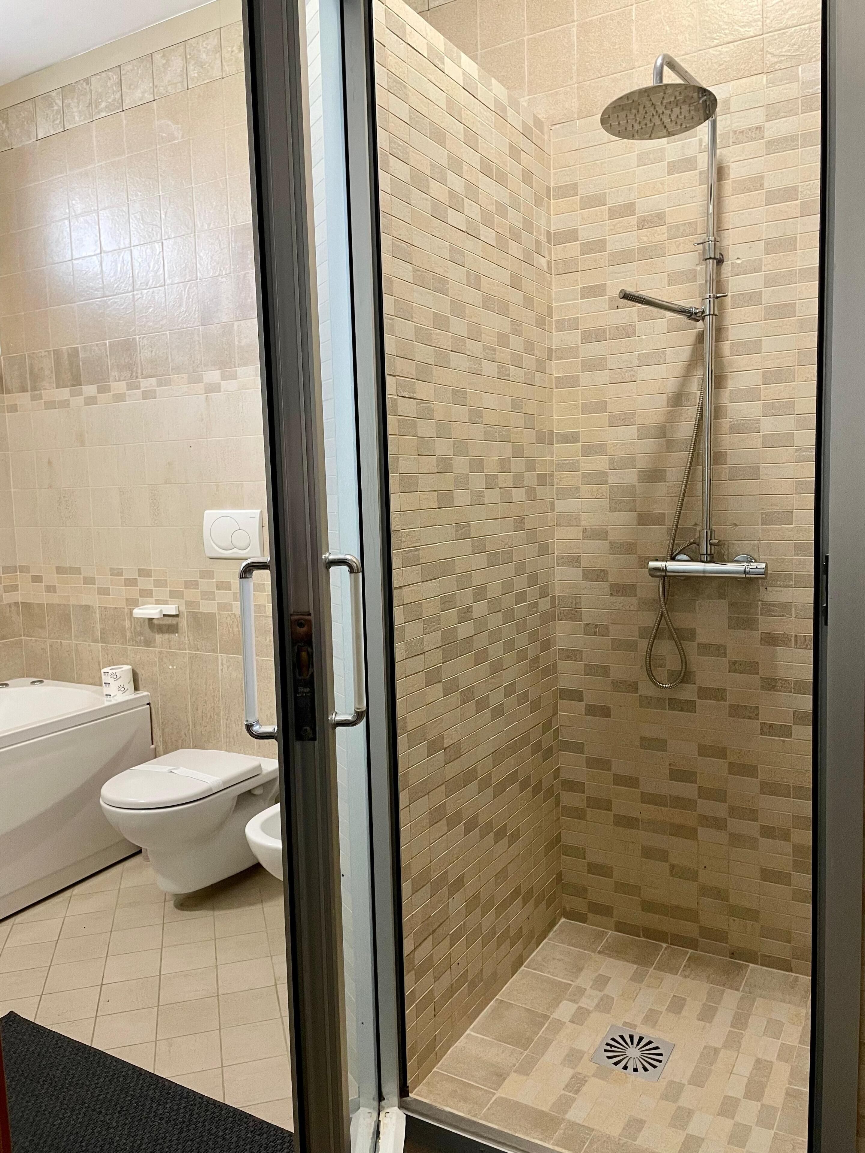 A modern bathroom with a glass shower enclosure, a toilet, and a bathtub.