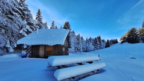 Une cabane en bois, dont le toit est recouvert de neige, avec des bancs devant, entourée d’arbres chargés de neige.