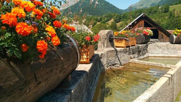 Un cadre montagneux rustique avec une maison en bois, un puits en pierre et des fleurs aux couleurs vives.