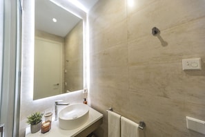 Regadera, secadora de cabello, bidet, toallas